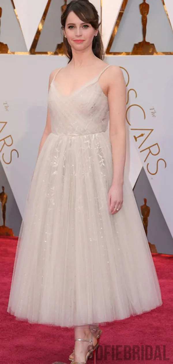 Felicity Jones Celebrity Dresses,Spaghetti Ivory Prom Dresses, Lace Prom Dresses, PD0719