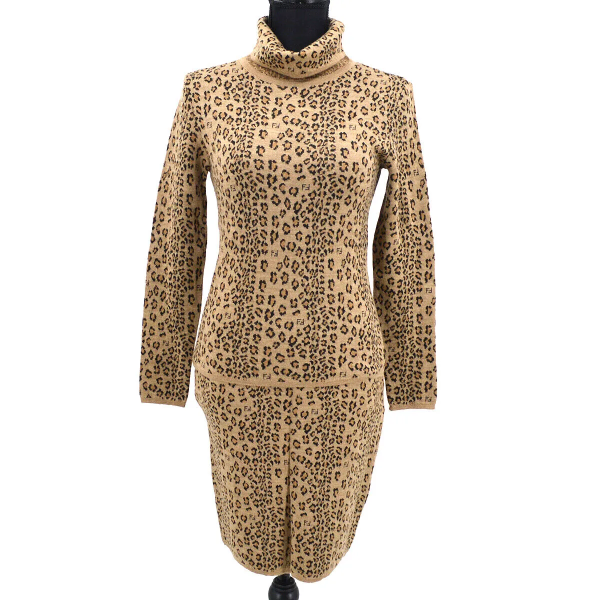 FENDI Leopard Pattern Set Up Long Sleeve Tops Skirt Brown Black Italy AK31748j