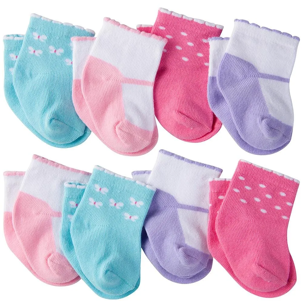 Gerber Newborn Baby Girl Wiggle-Proof Ankle Bootie Socks with Stay-On Technology, 8-Pack