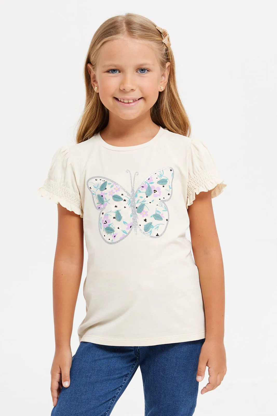 Girls Beige Printed T-Shirt