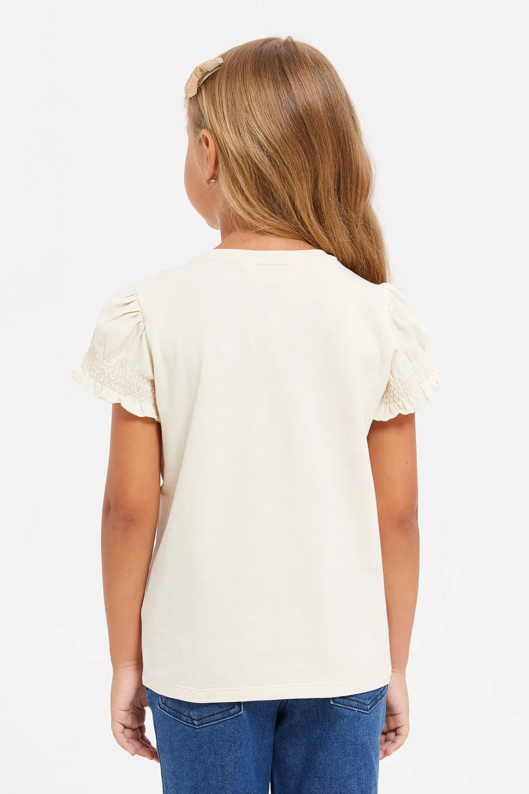 Girls Beige Printed T-Shirt