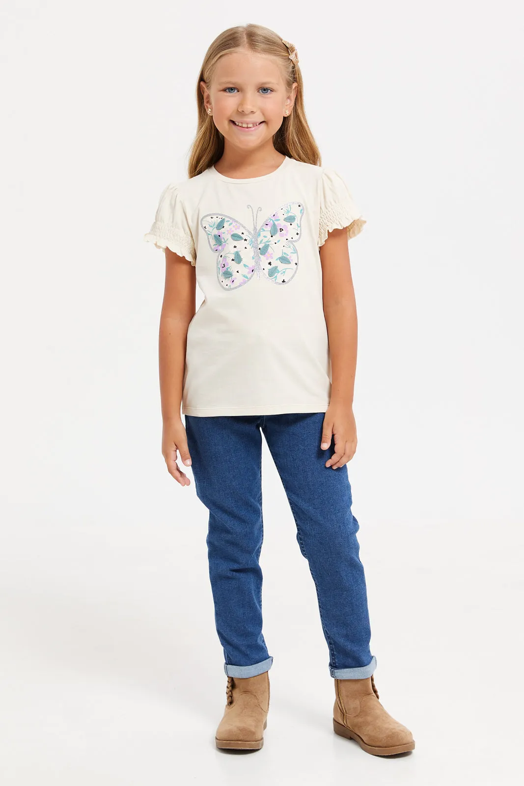 Girls Beige Printed T-Shirt