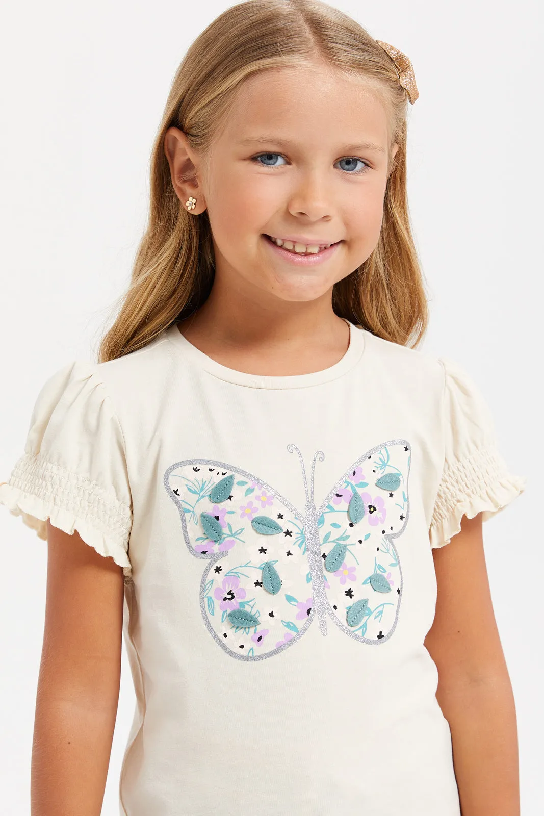 Girls Beige Printed T-Shirt