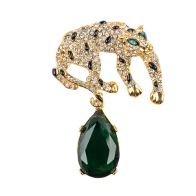 Gold and Crystal Leopard Pin with Emerald Eyes