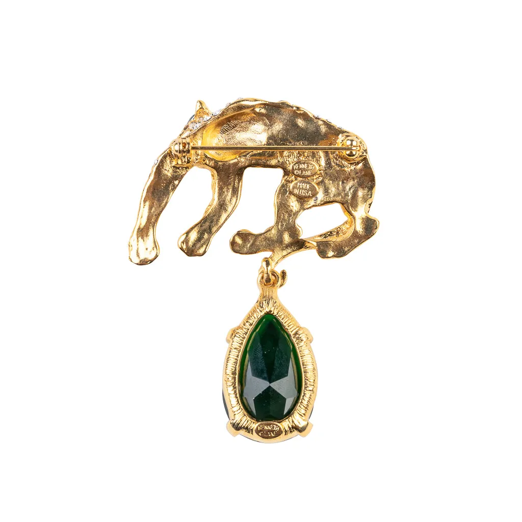 Gold and Crystal Leopard Pin with Emerald Eyes