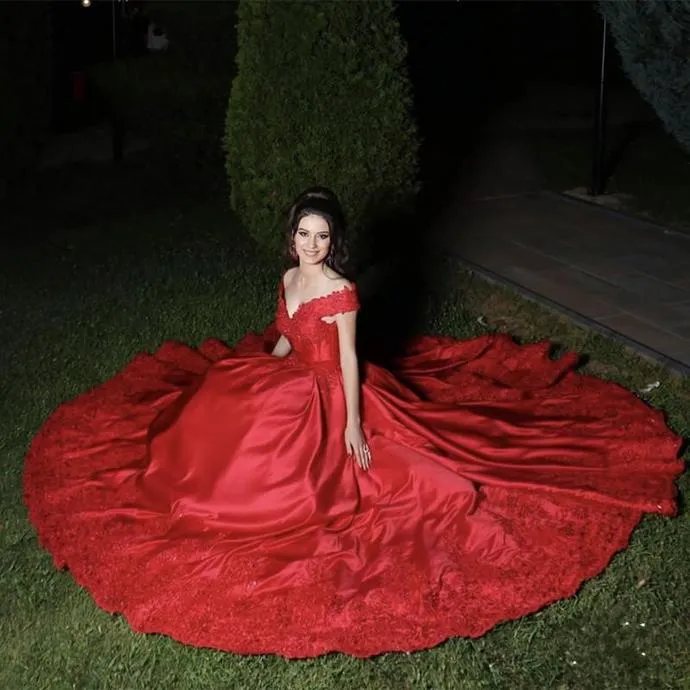 Gorgeous Off the Shoulder Red Long Ball Gown Prom Dress P6977