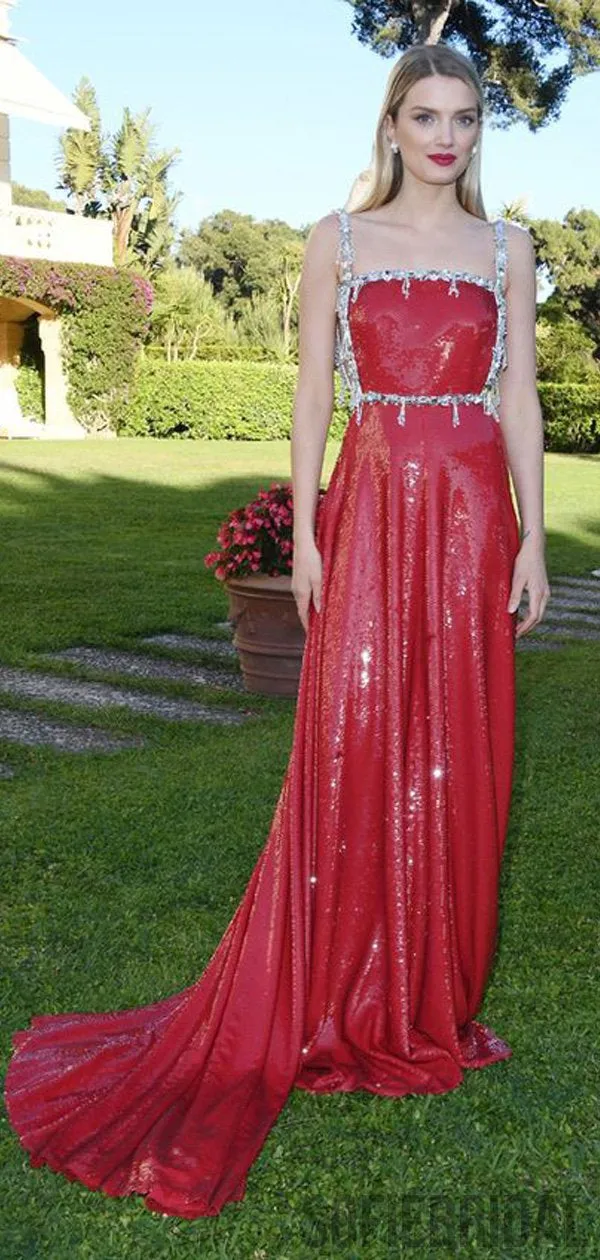 Gorgeous Red Sequin Beaded Sequin Long Prom Dresses, PD0940