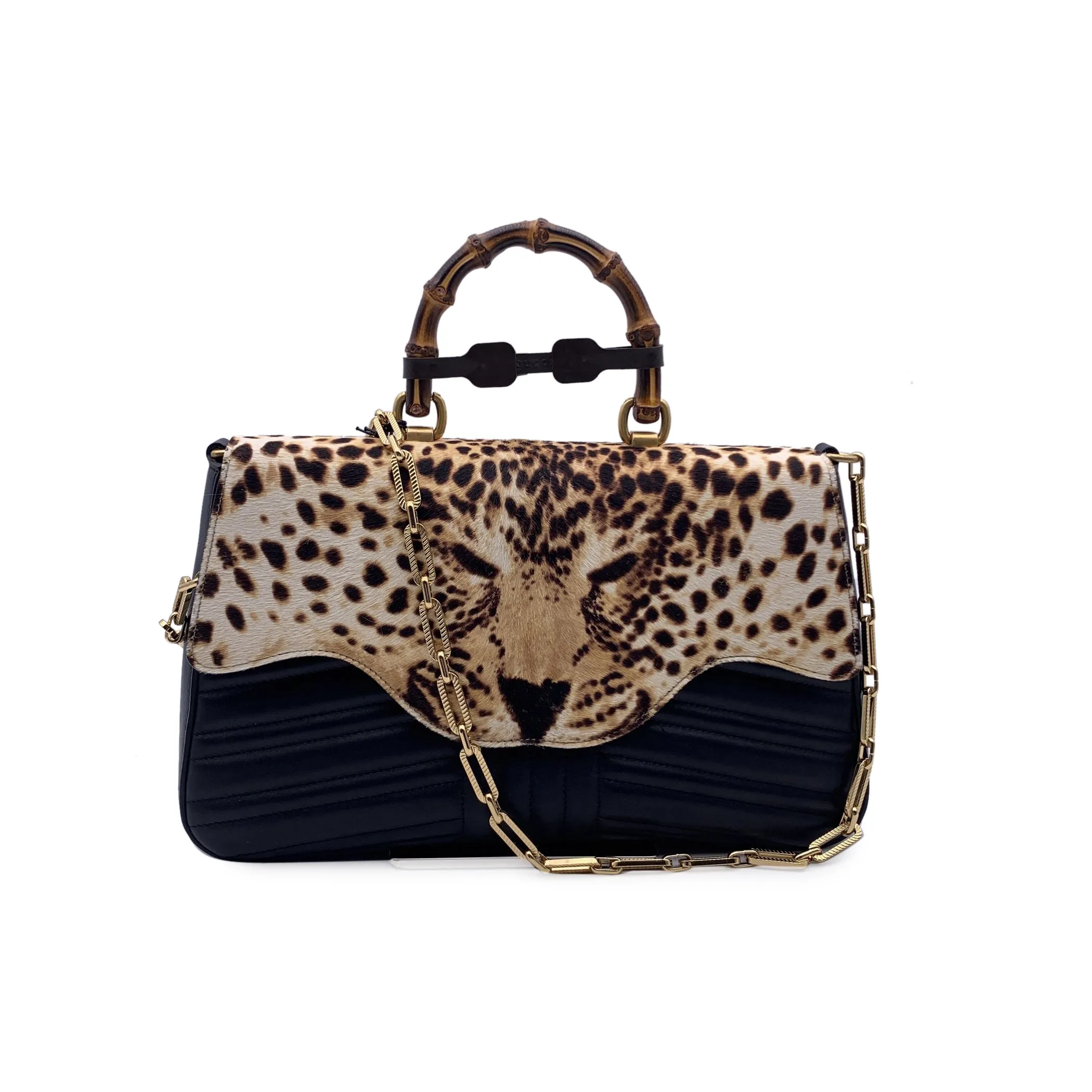 Gucci Black Leather Leopard Print Calf Hair Bamboo Top Handle Bag