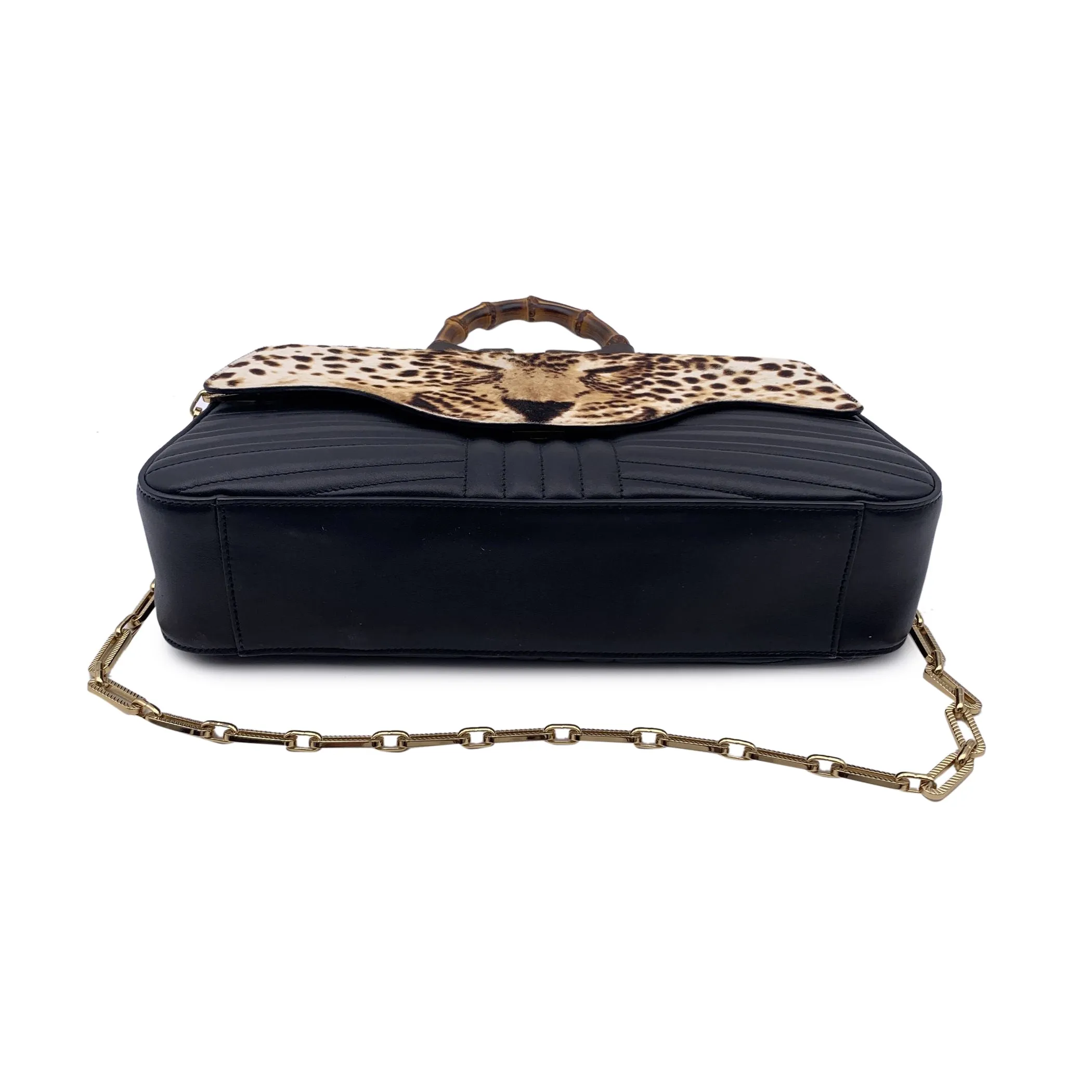 Gucci Black Leather Leopard Print Calf Hair Bamboo Top Handle Bag