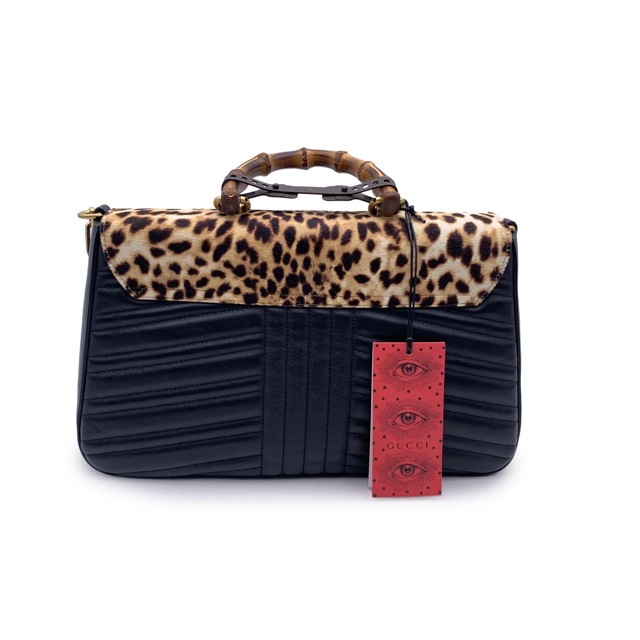 Gucci Black Leather Leopard Print Calf Hair Bamboo Top Handle Bag