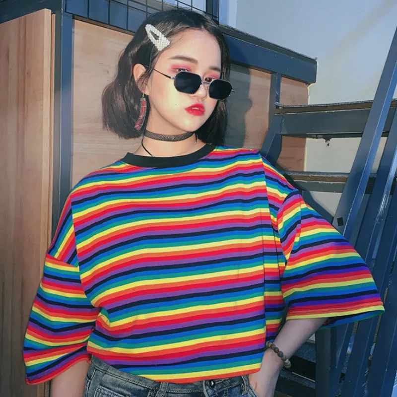 HARAJUKU KOREANSTYLE ULZZANG RETRO RAINBOW STRIPE SHIRT BY22094