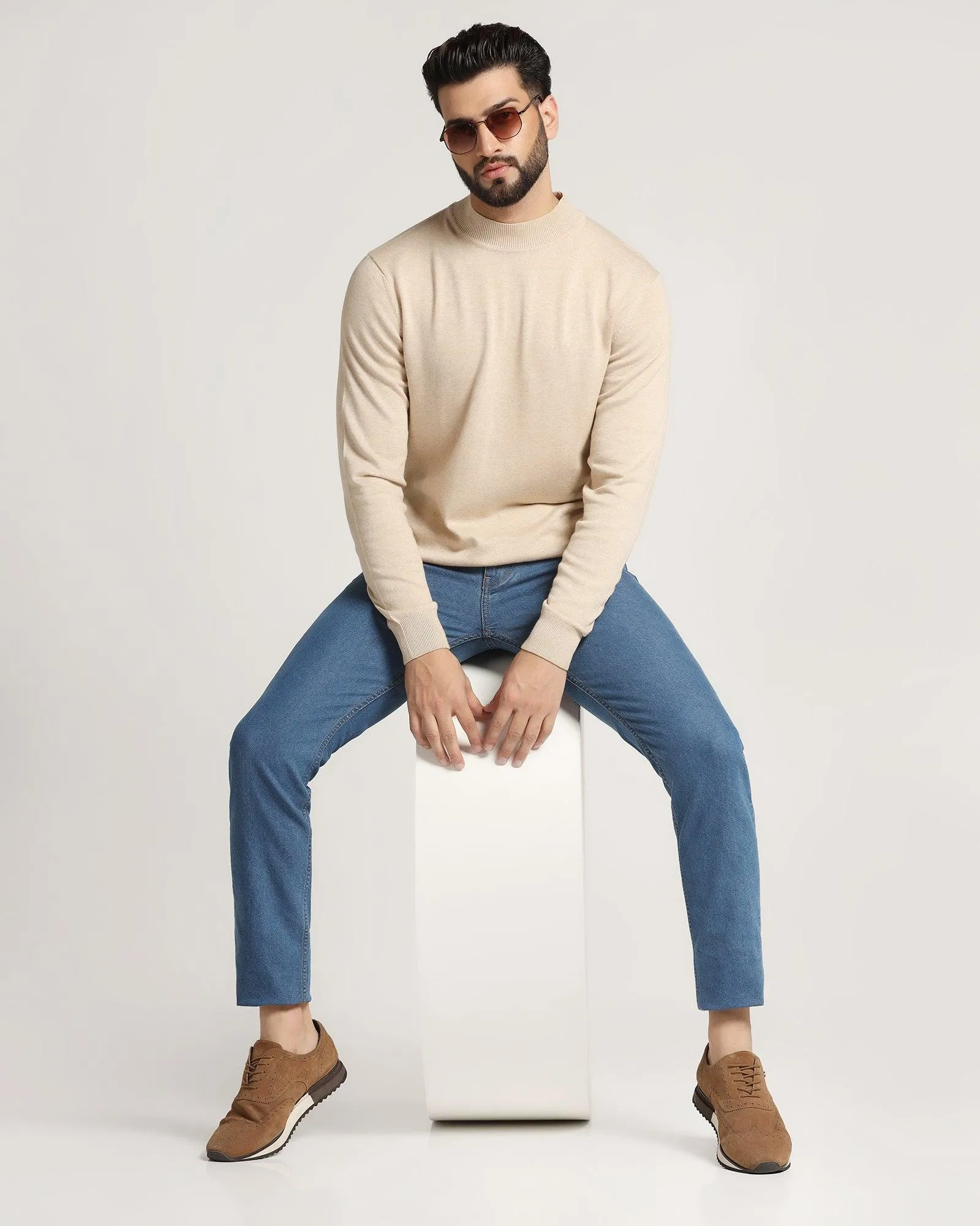 High Neck Beige Solid Sweater - Dexter