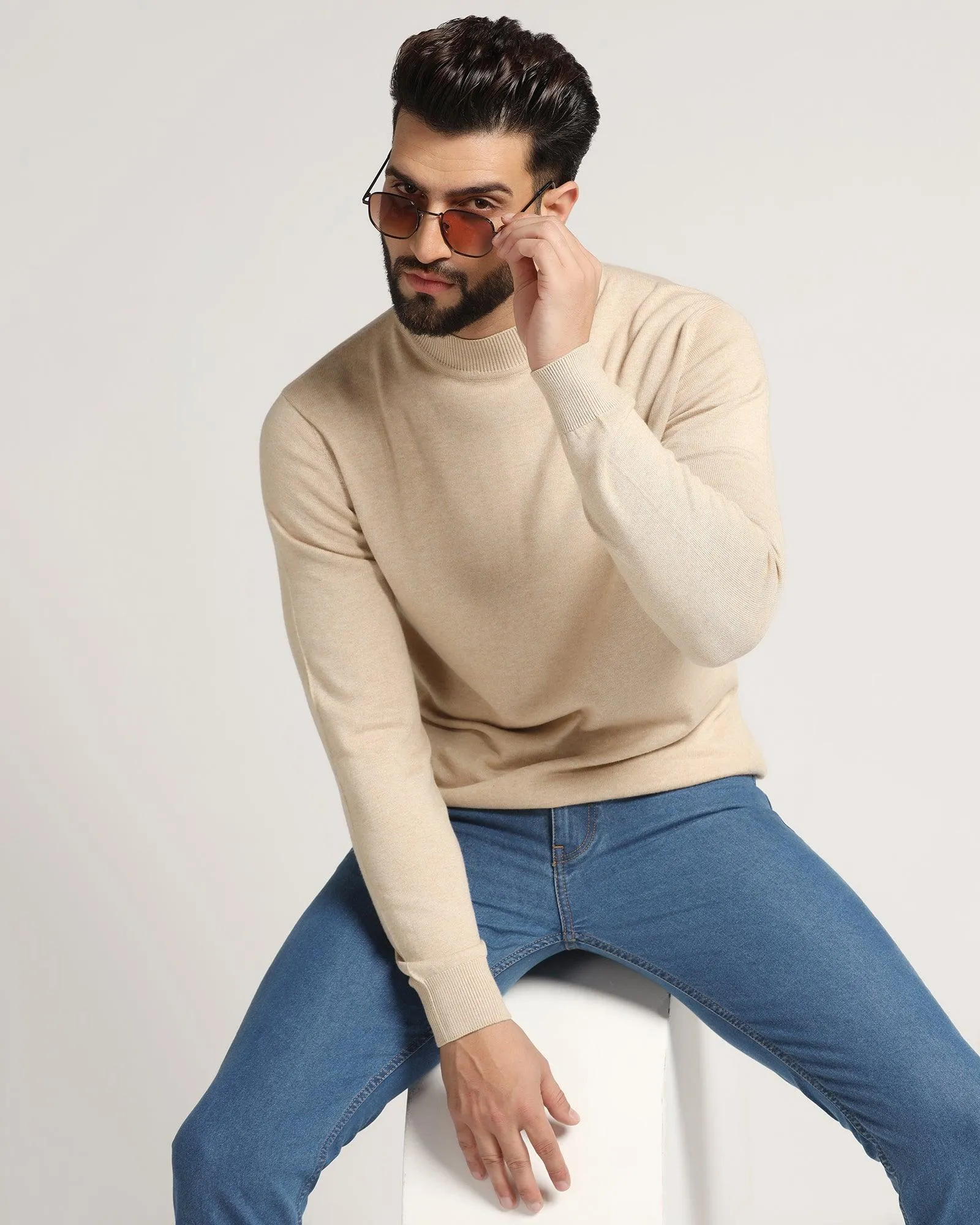 High Neck Beige Solid Sweater - Dexter