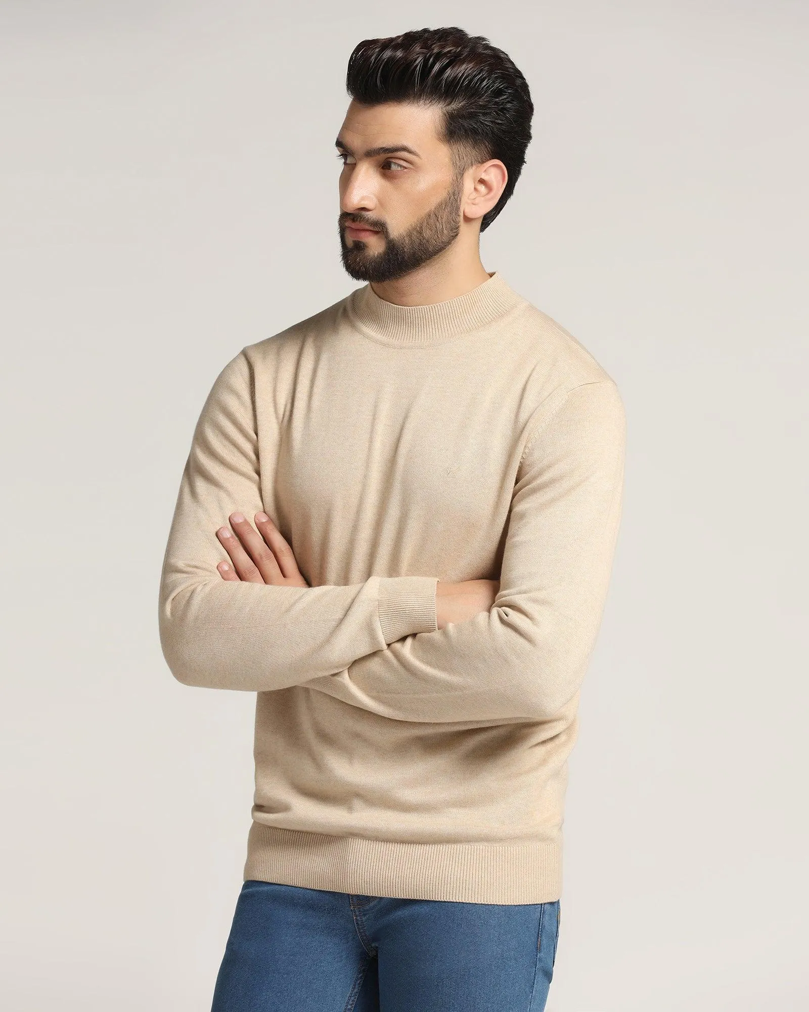 High Neck Beige Solid Sweater - Dexter