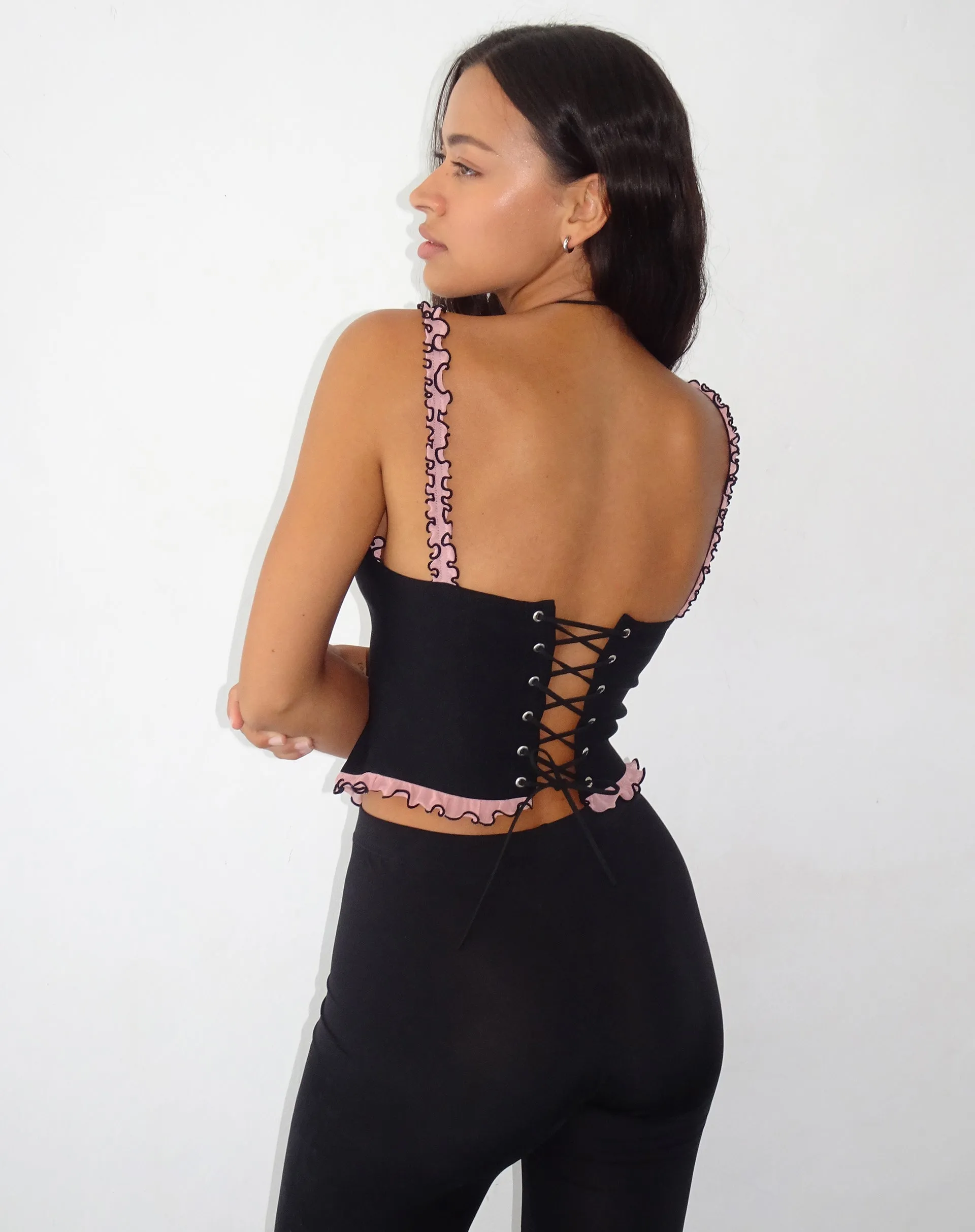 Idalia Corset Top in Black with Pink Mesh Ruffle