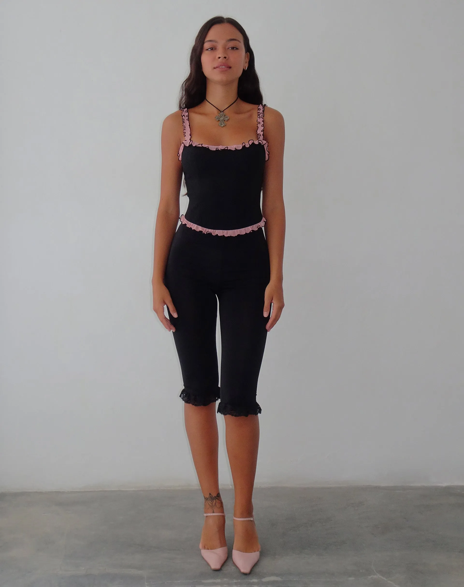 Idalia Corset Top in Black with Pink Mesh Ruffle