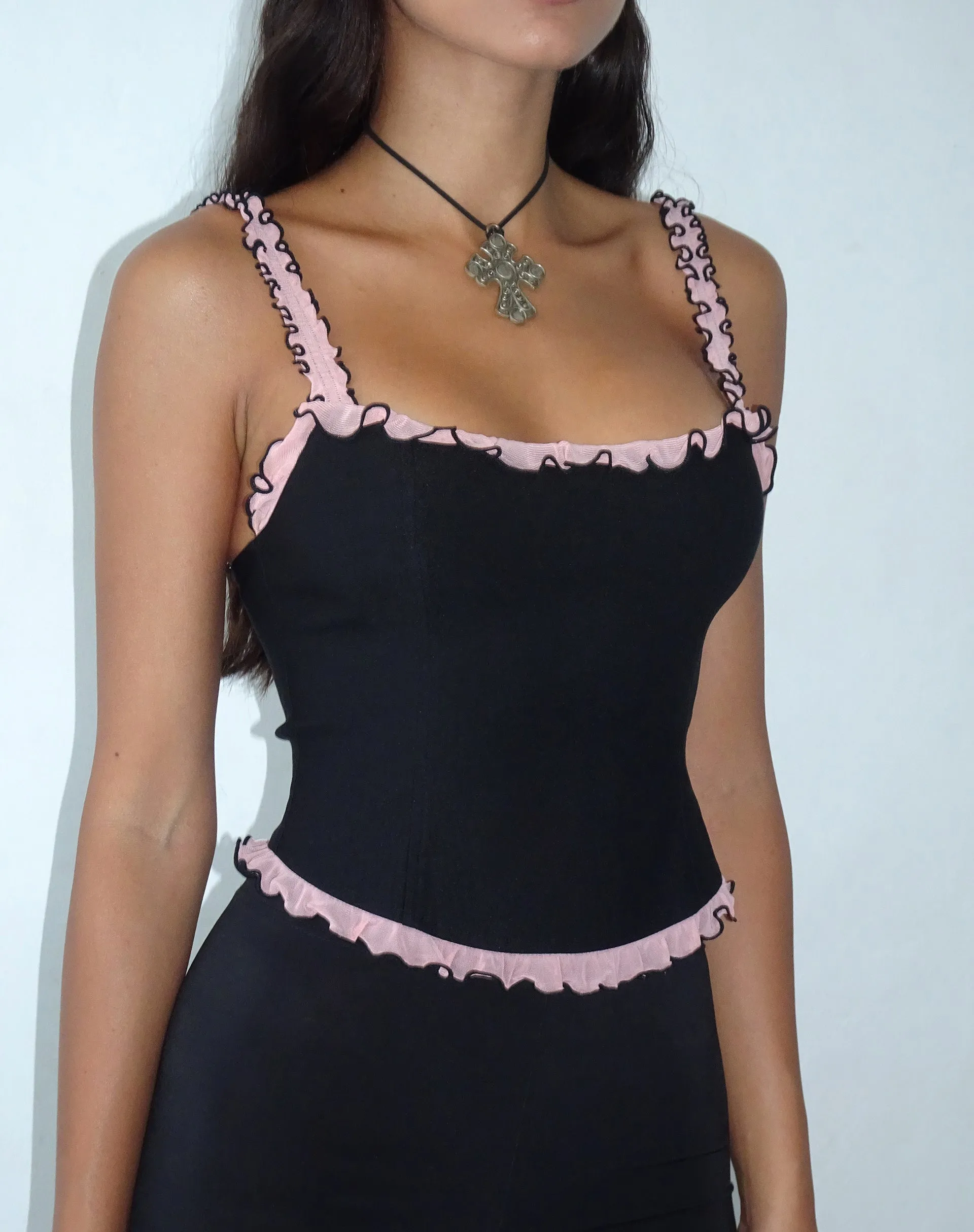 Idalia Corset Top in Black with Pink Mesh Ruffle