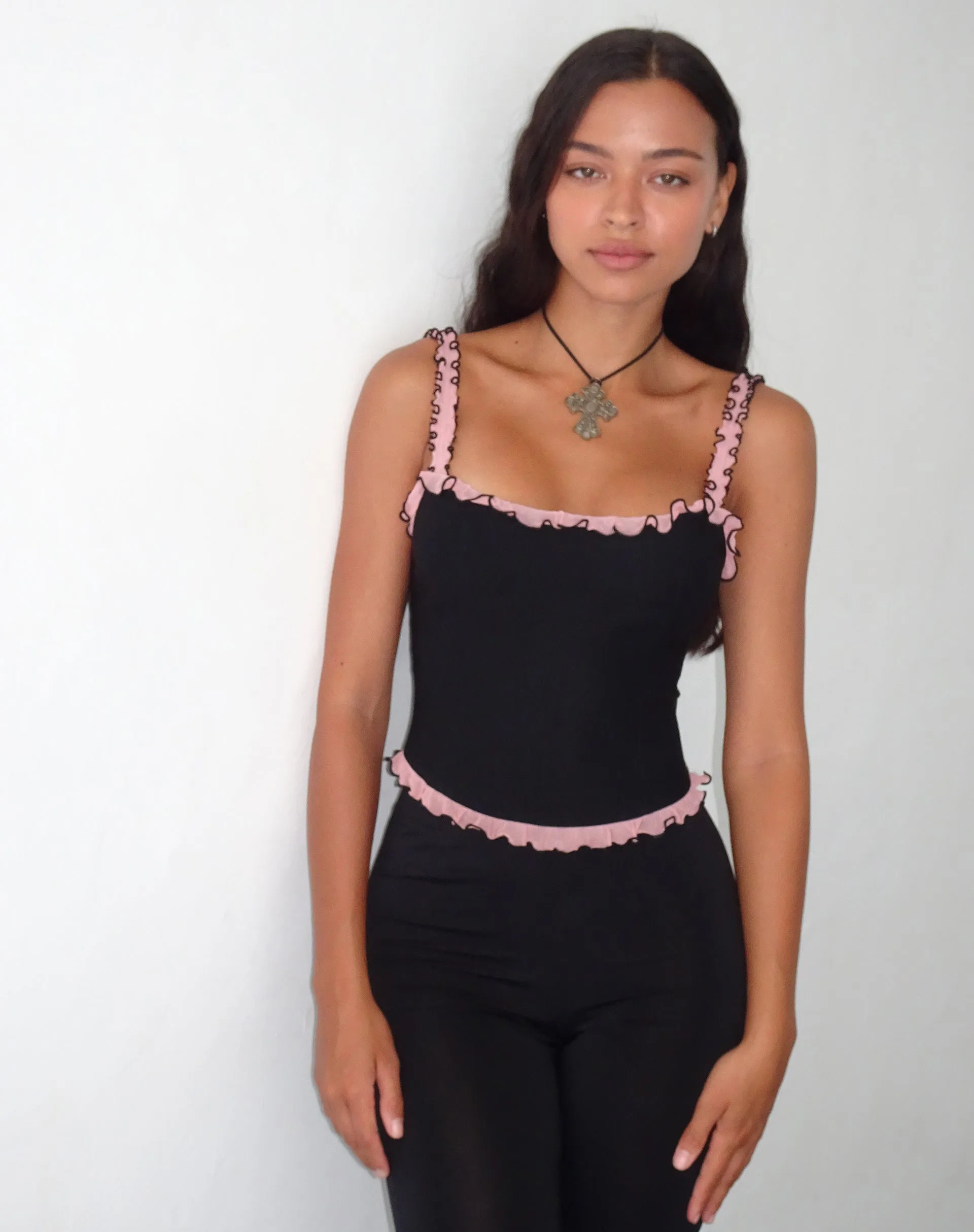 Idalia Corset Top in Black with Pink Mesh Ruffle