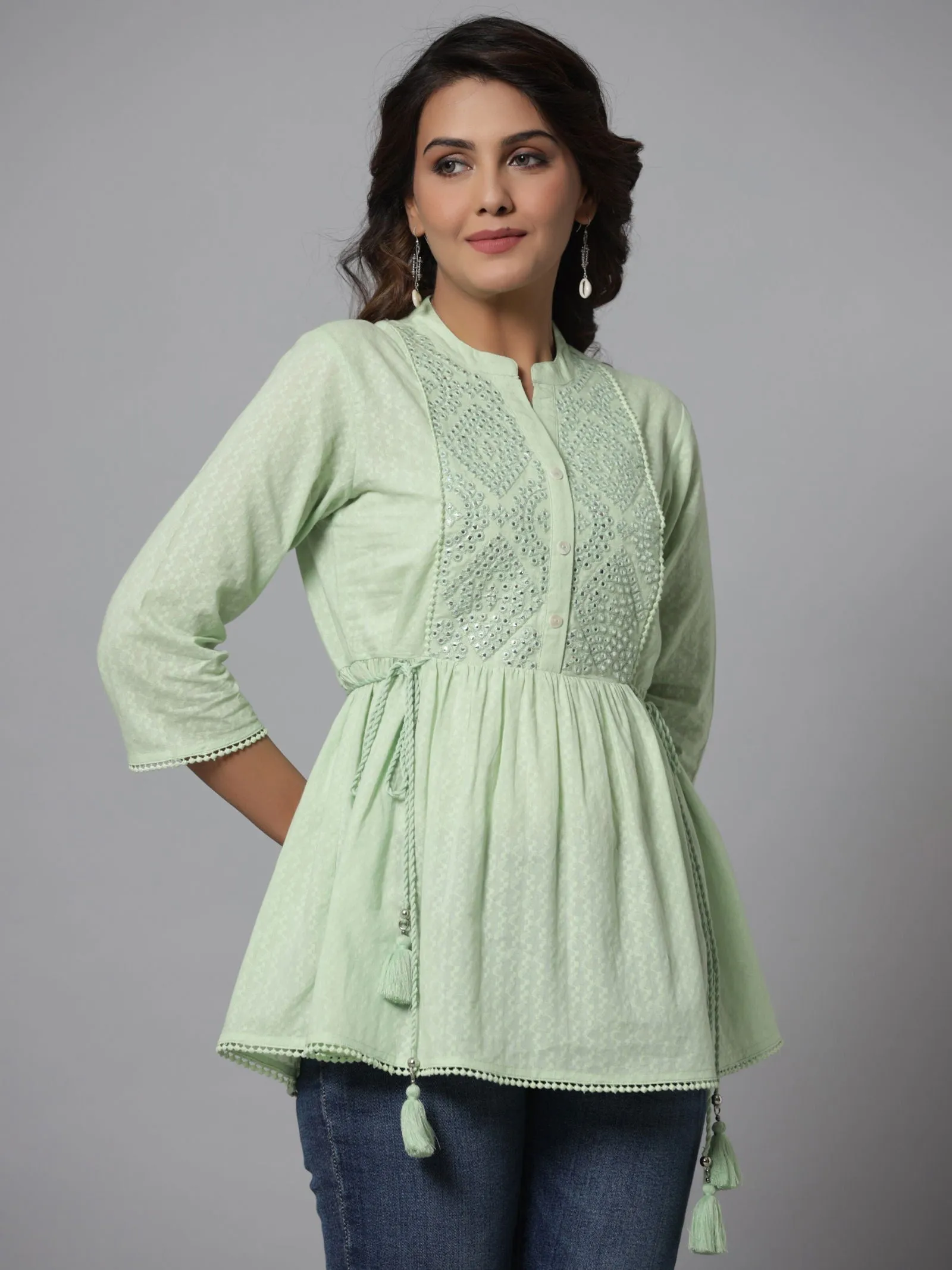 Juniper  Green Ethnic Motif Printed Cotton Dobby Tunic With Mirror Work Embroidery