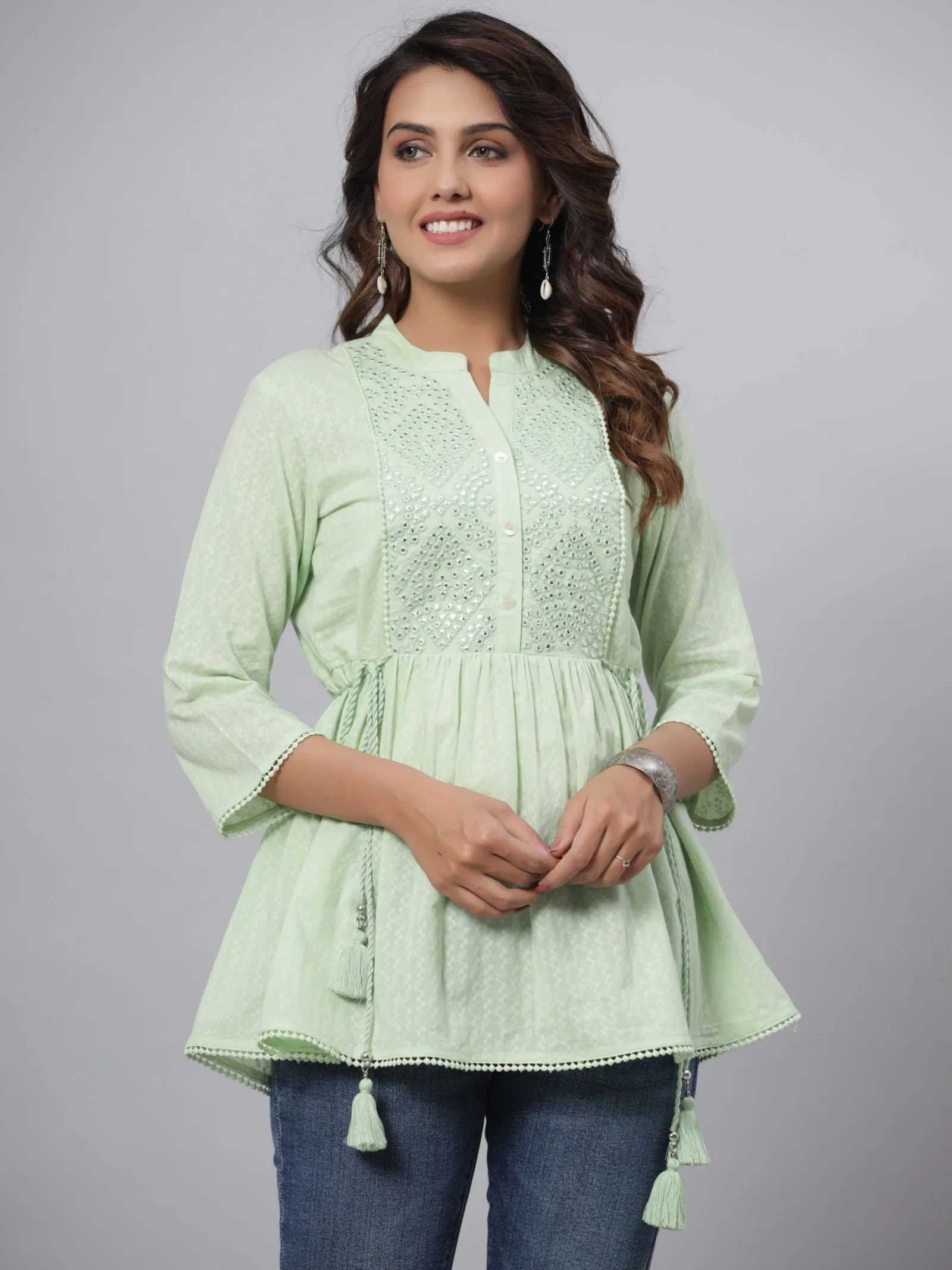 Juniper  Green Ethnic Motif Printed Cotton Dobby Tunic With Mirror Work Embroidery