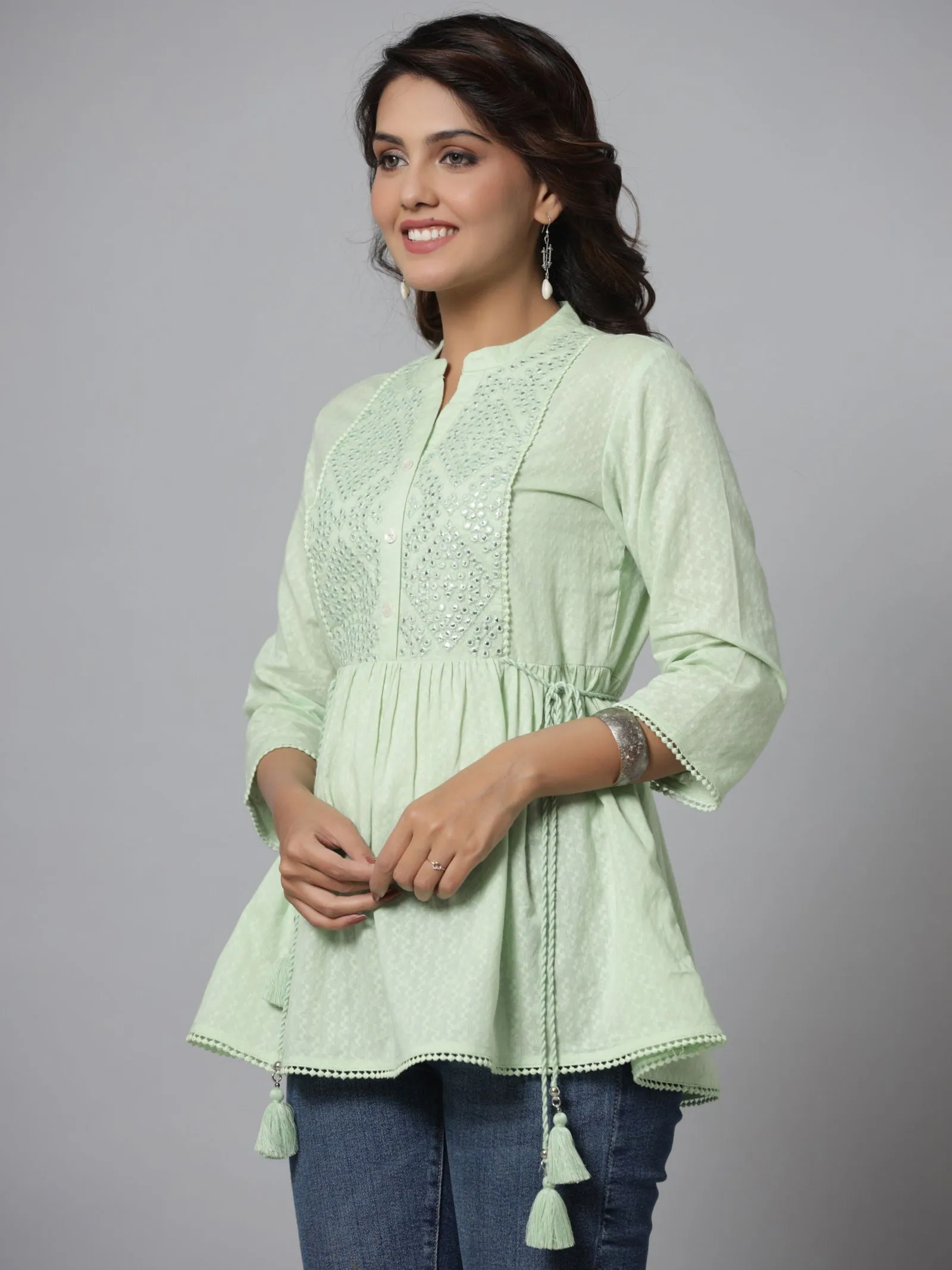 Juniper  Green Ethnic Motif Printed Cotton Dobby Tunic With Mirror Work Embroidery