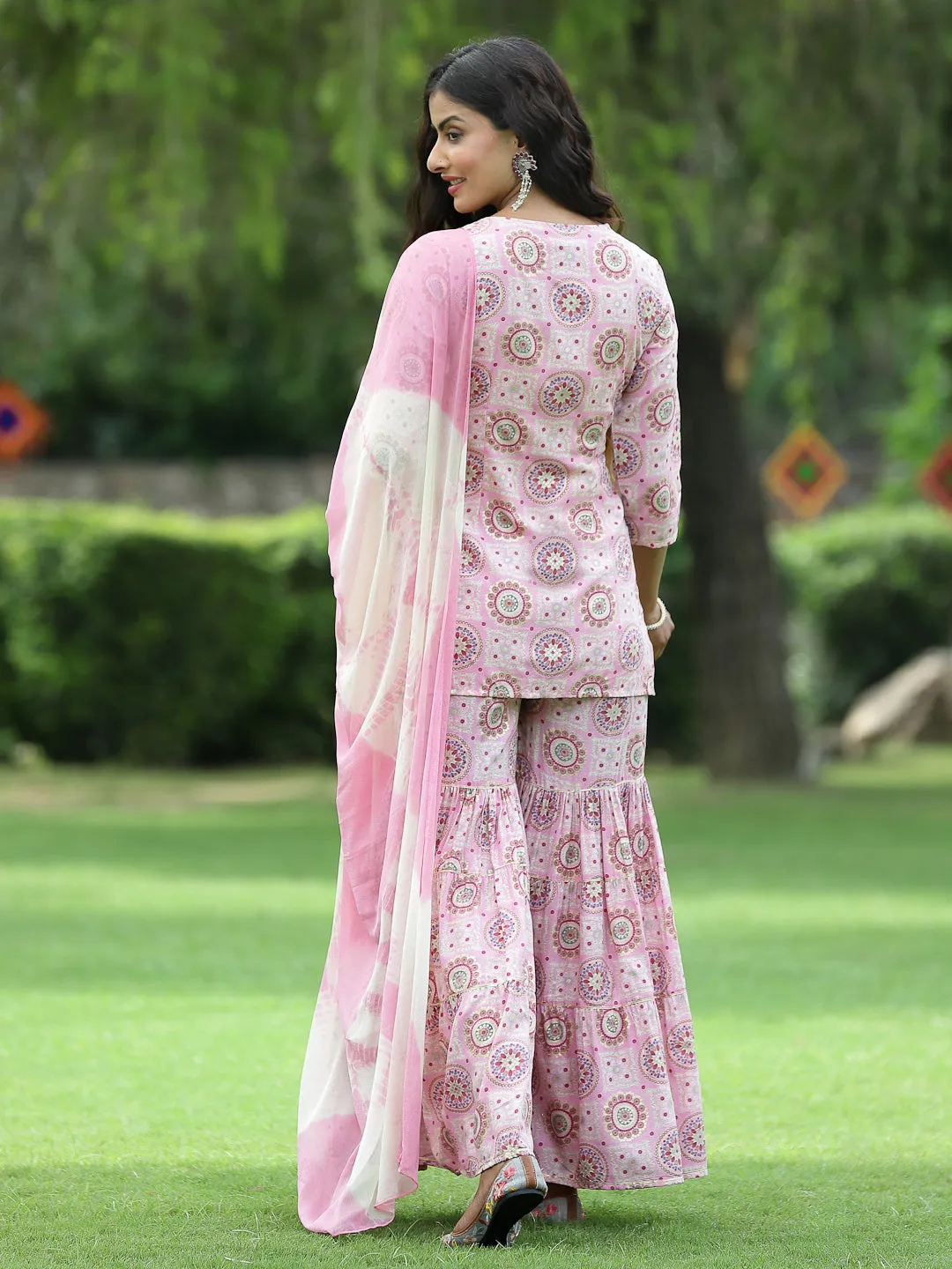 Juniper Pink Geometric Printed & Embroidered Muslin Kurta Sharara & Chiffon Dupatta