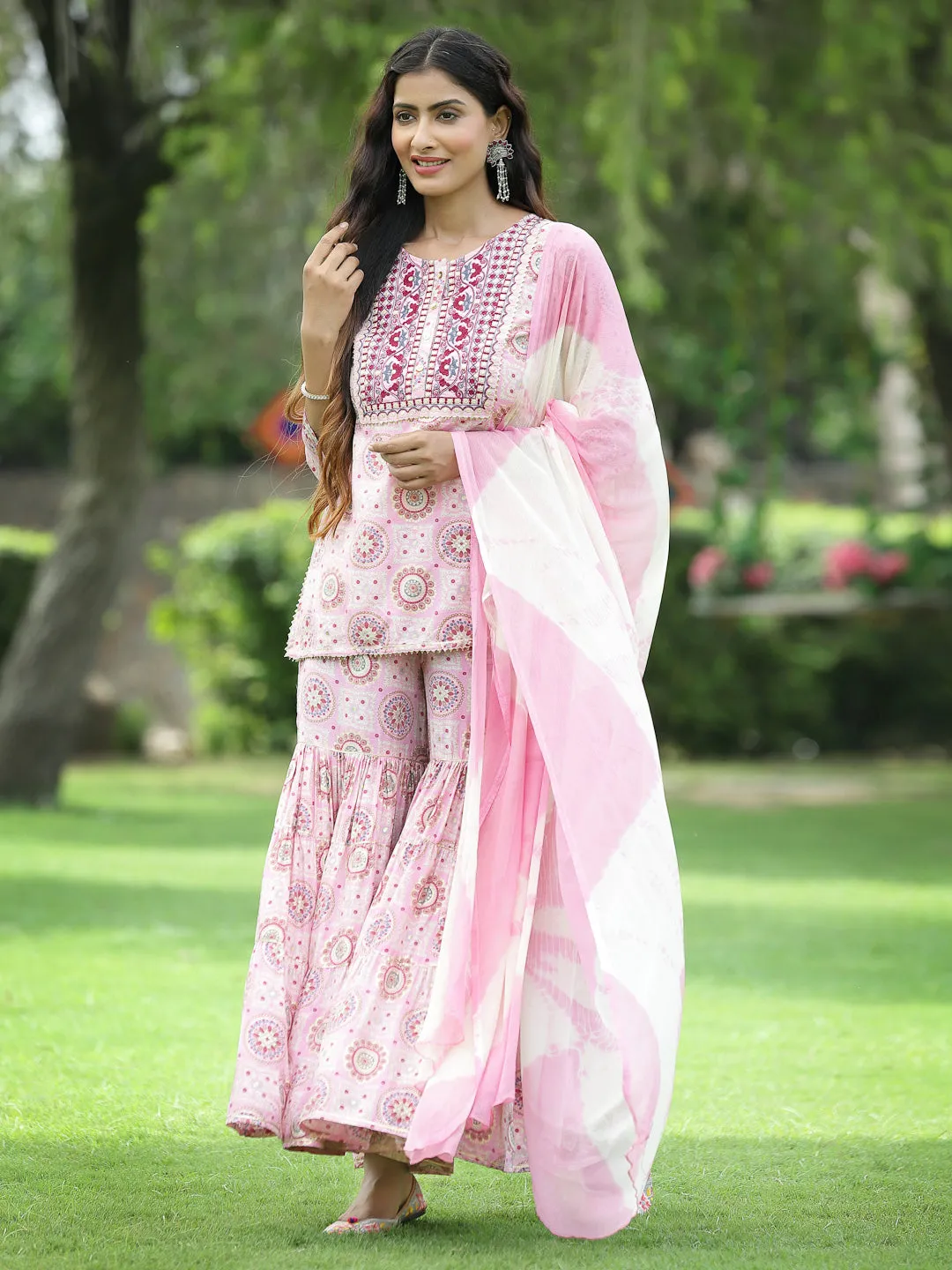 Juniper Pink Geometric Printed & Embroidered Muslin Kurta Sharara & Chiffon Dupatta