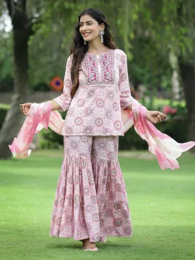 Juniper Pink Geometric Printed & Embroidered Muslin Kurta Sharara & Chiffon Dupatta