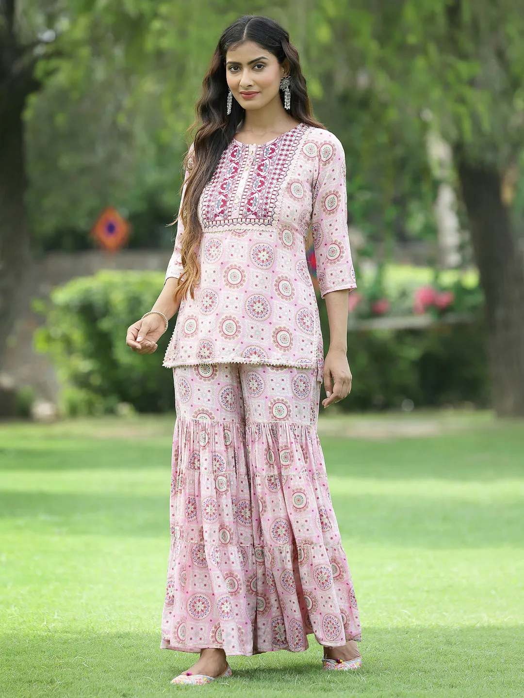 Juniper Pink Geometric Printed & Embroidered Muslin Kurta Sharara & Chiffon Dupatta