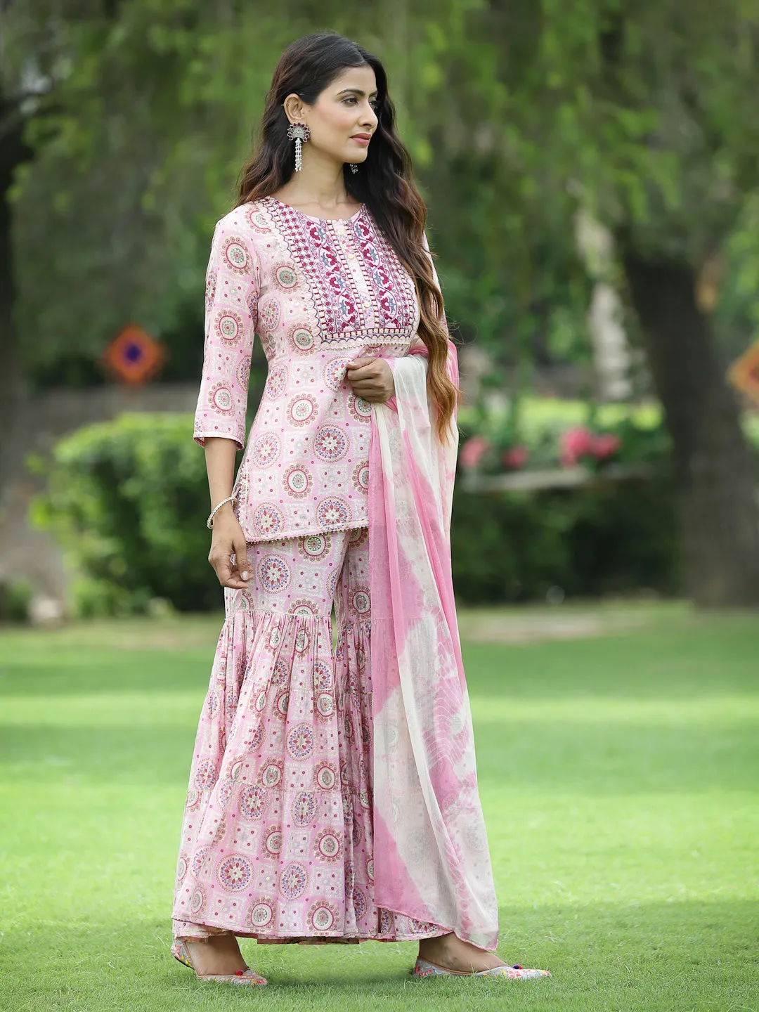 Juniper Pink Geometric Printed & Embroidered Muslin Kurta Sharara & Chiffon Dupatta