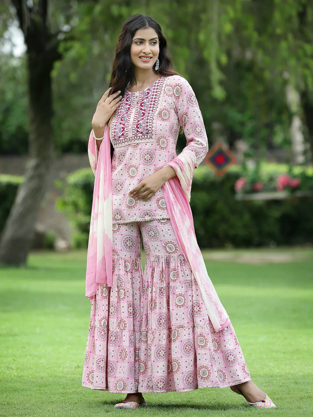 Juniper Pink Geometric Printed & Embroidered Muslin Kurta Sharara & Chiffon Dupatta