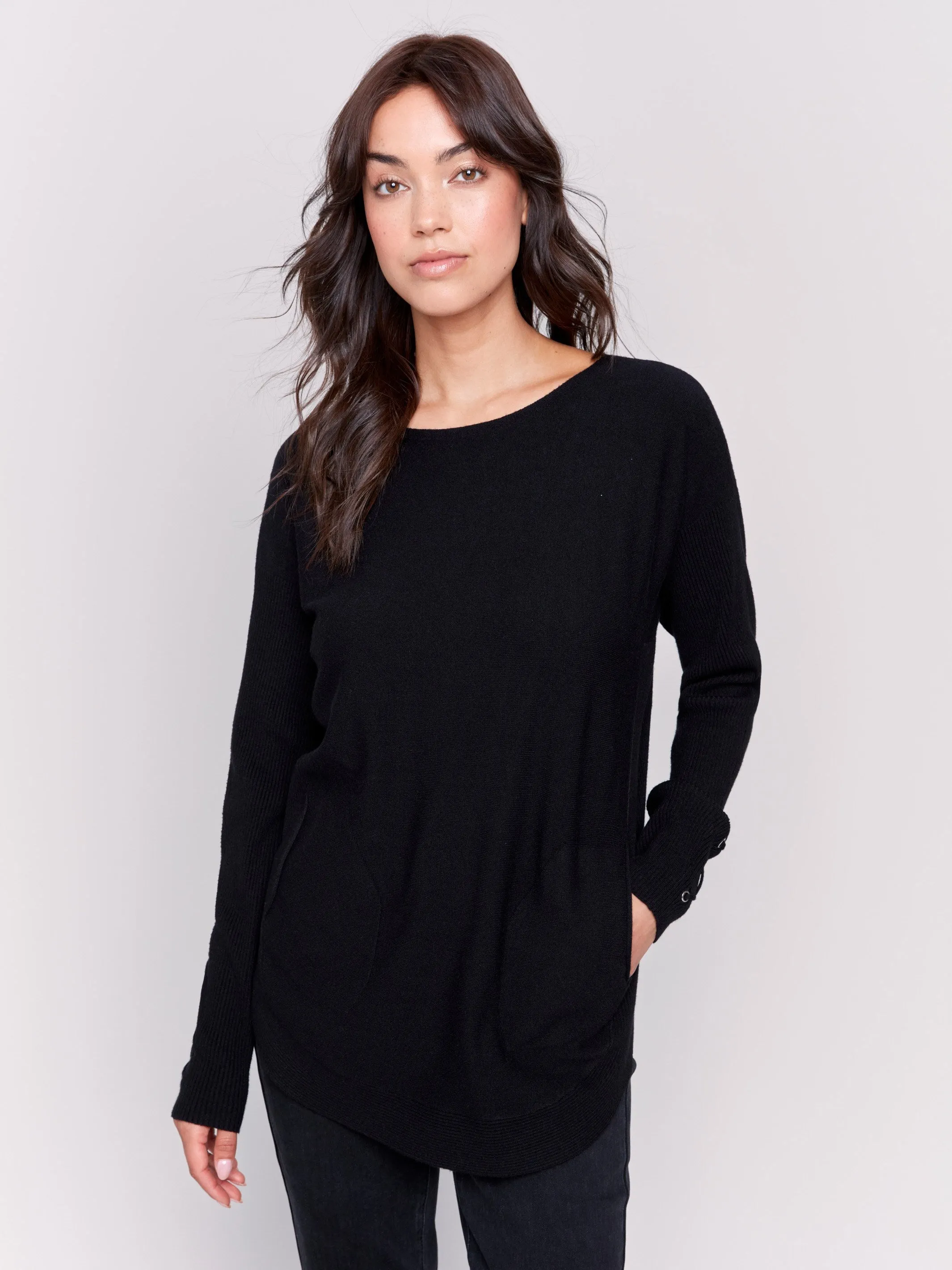 Knit Sweater with Lace-Up Cuffs - Black