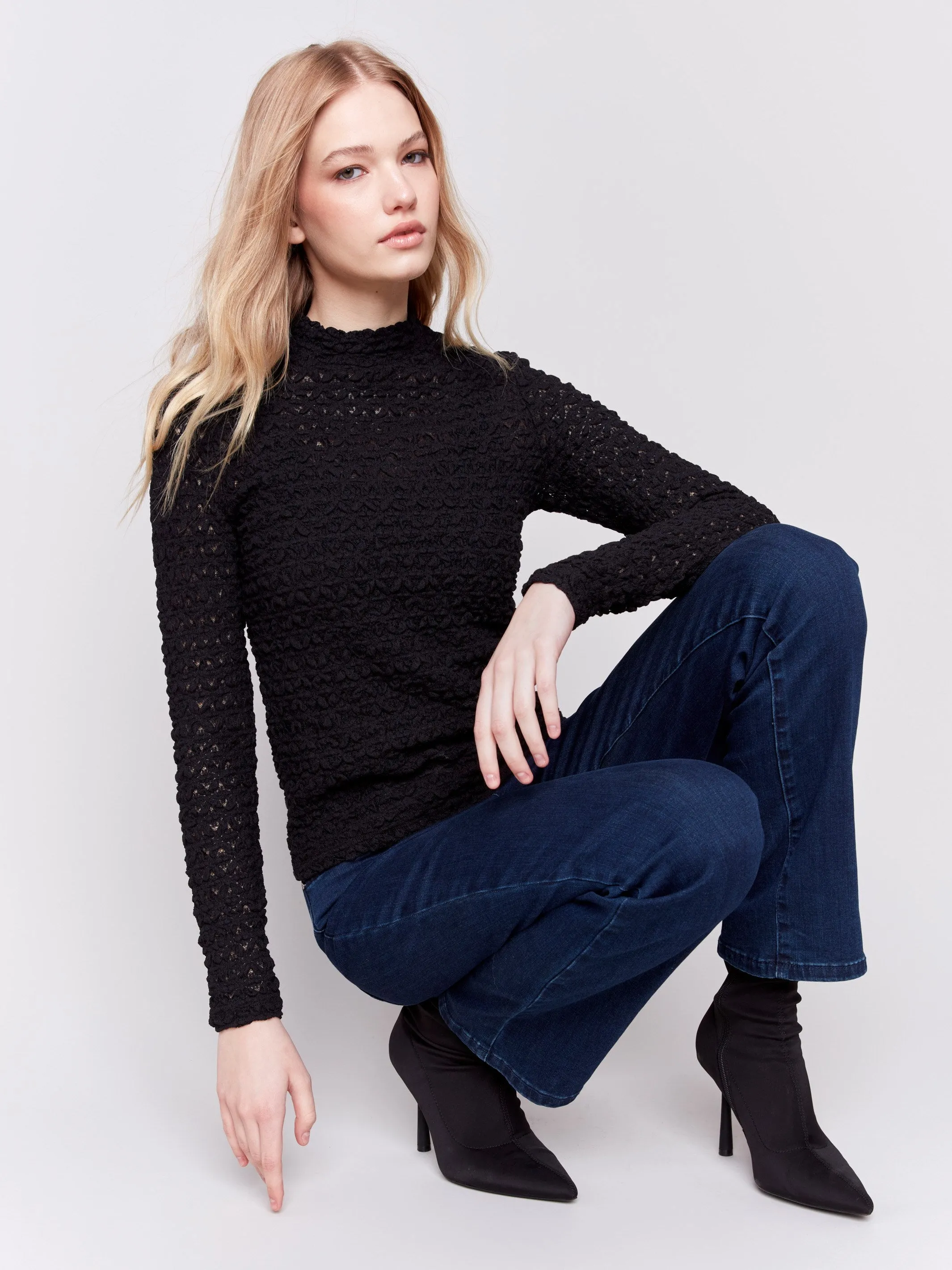 Lace Mock Neck Top - Black