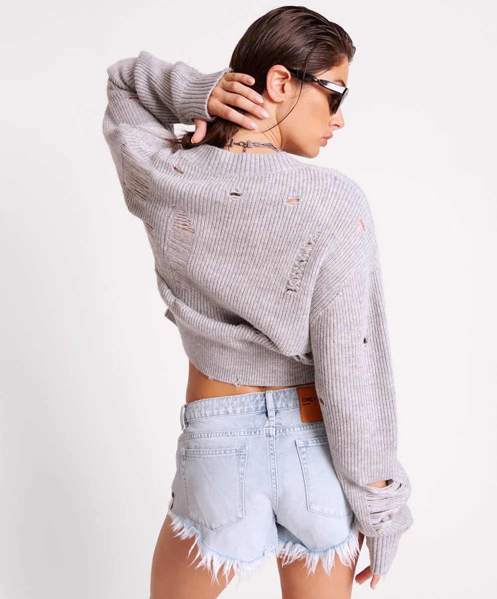 Laddered V-Neck Distressed Sweater - Grey Marle