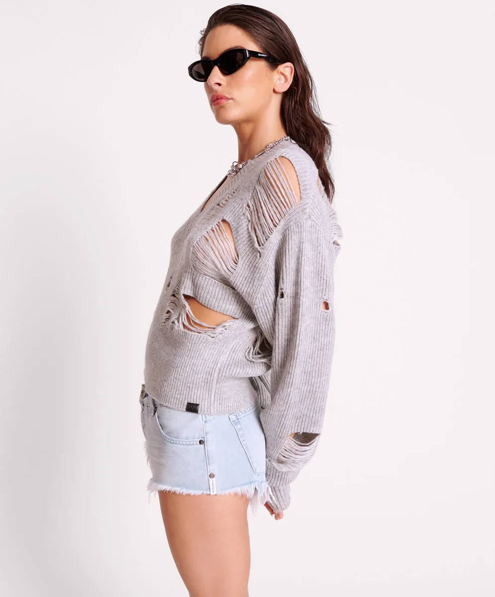 Laddered V-Neck Distressed Sweater - Grey Marle