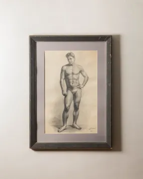 Large Framed Nude Male Pencil Sketch from 1953