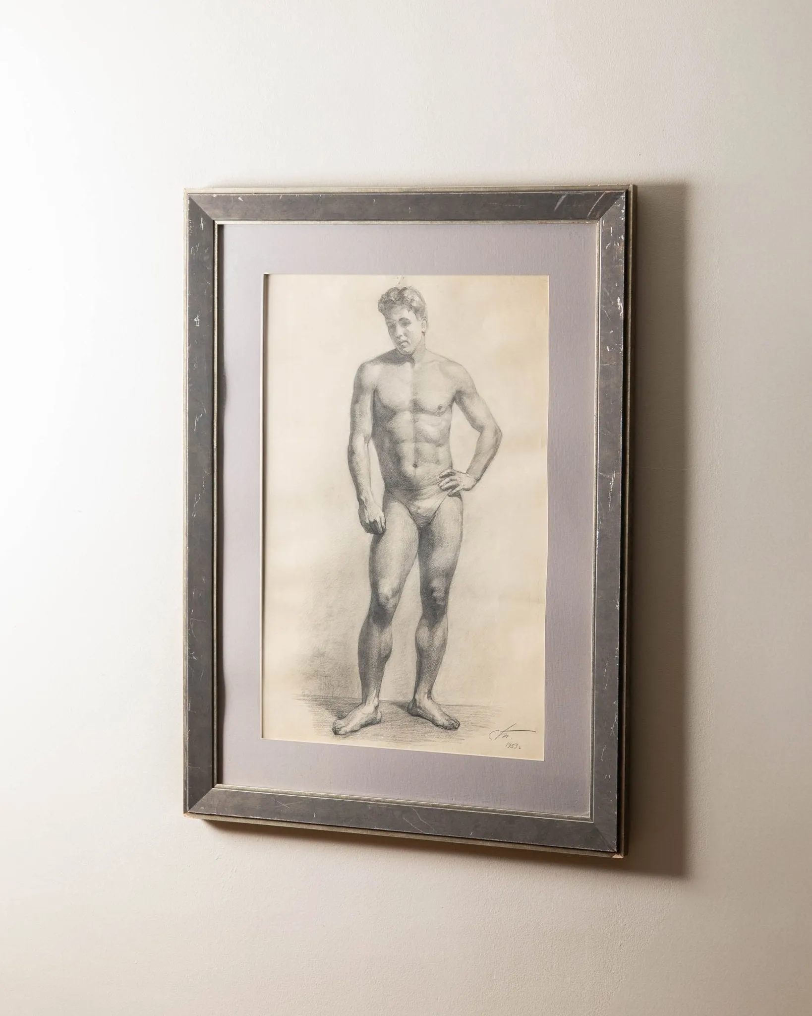 Large Framed Nude Male Pencil Sketch from 1953