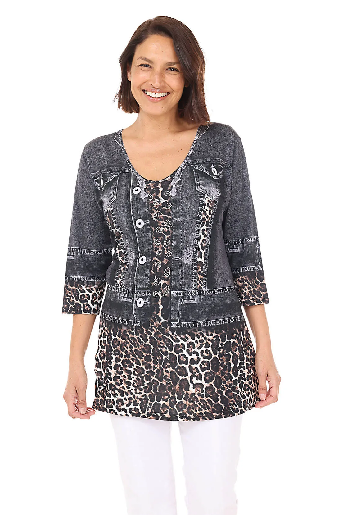 Leopard Denim Jacket Printed Knit Tunic