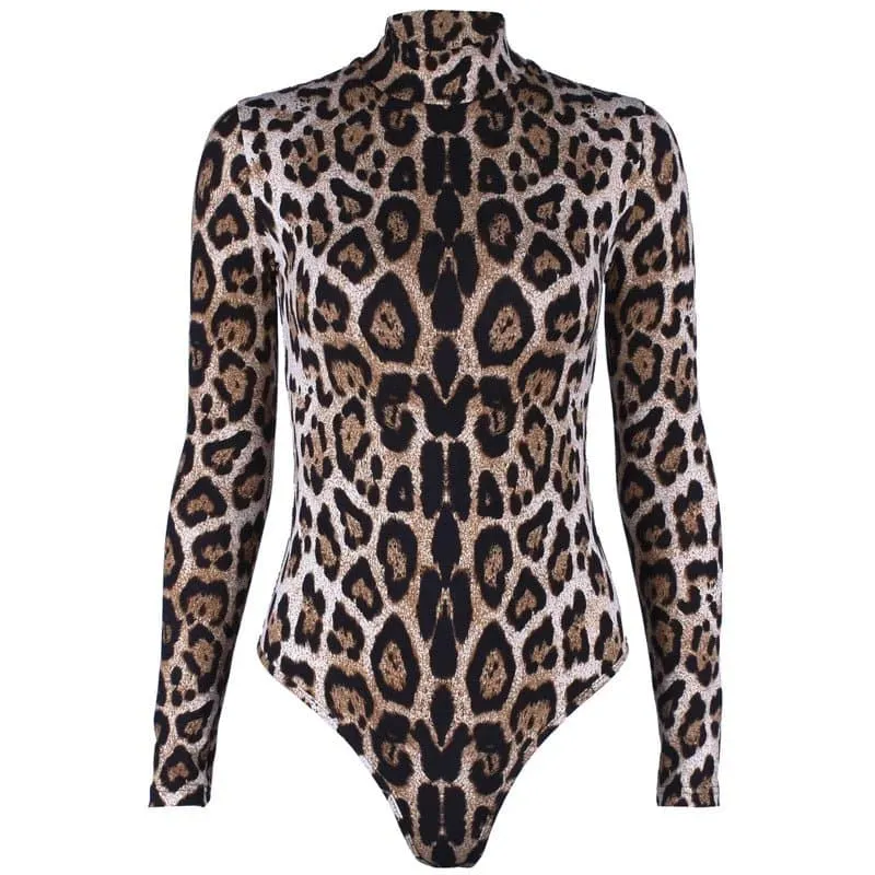 Leopard Print Mock Neck Bodysuit with High Stretch - Sexy & Club Style