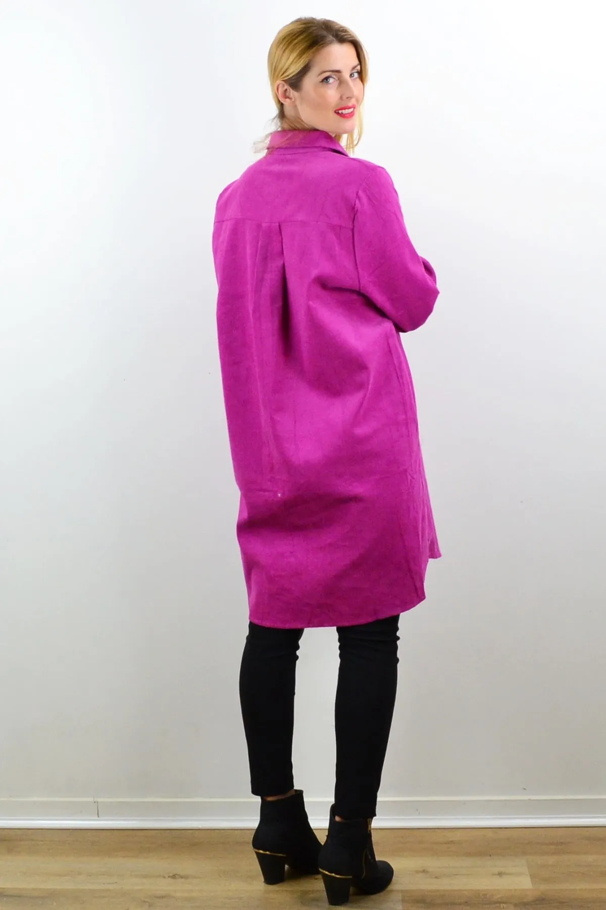 Long Fuchsia Corduroy Tunic Shirt Dress