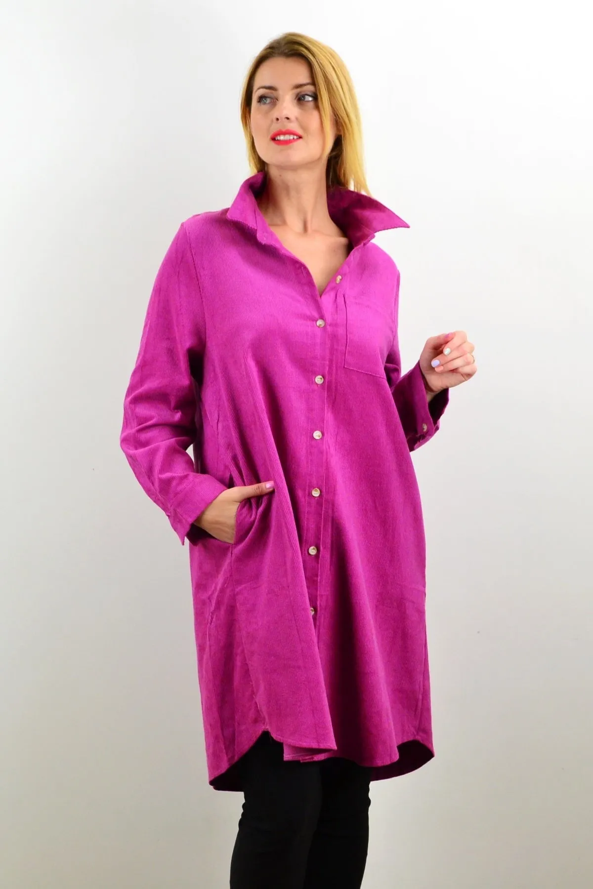 Long Fuchsia Corduroy Tunic Shirt Dress