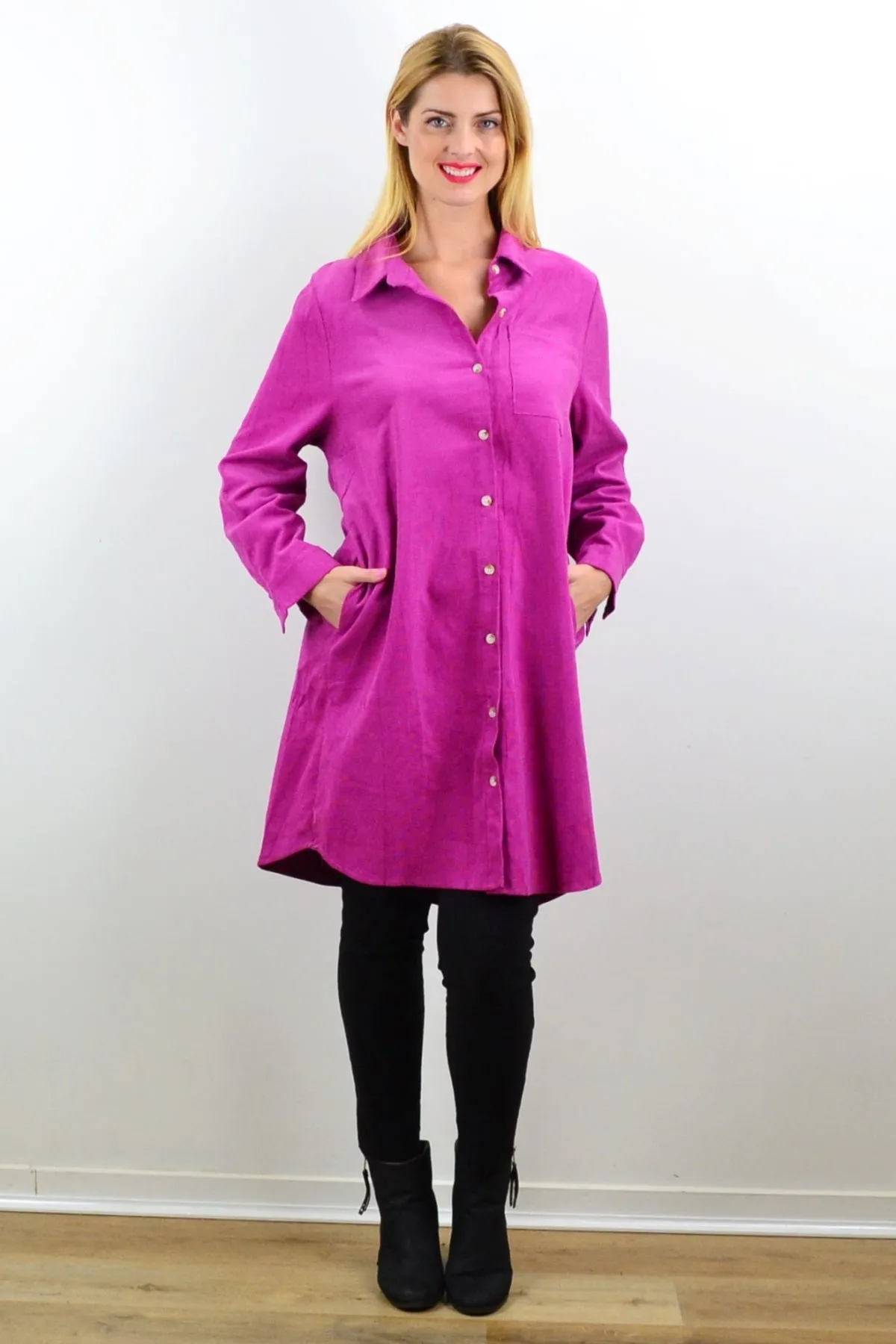 Long Fuchsia Corduroy Tunic Shirt Dress