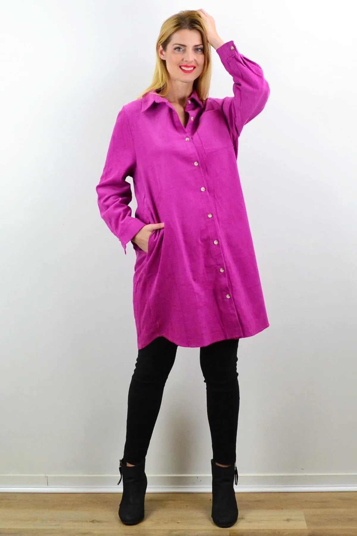 Long Fuchsia Corduroy Tunic Shirt Dress