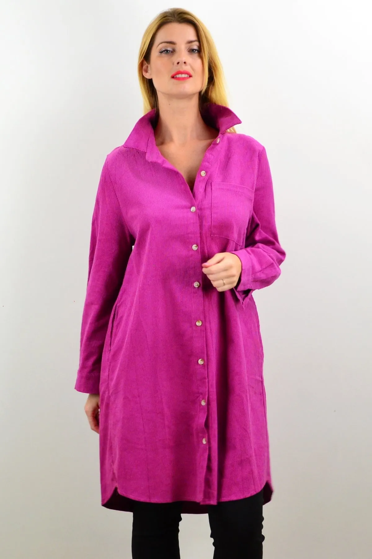 Long Fuchsia Corduroy Tunic Shirt Dress