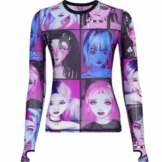 Longsleeved Mesh Shirt With Faces Print