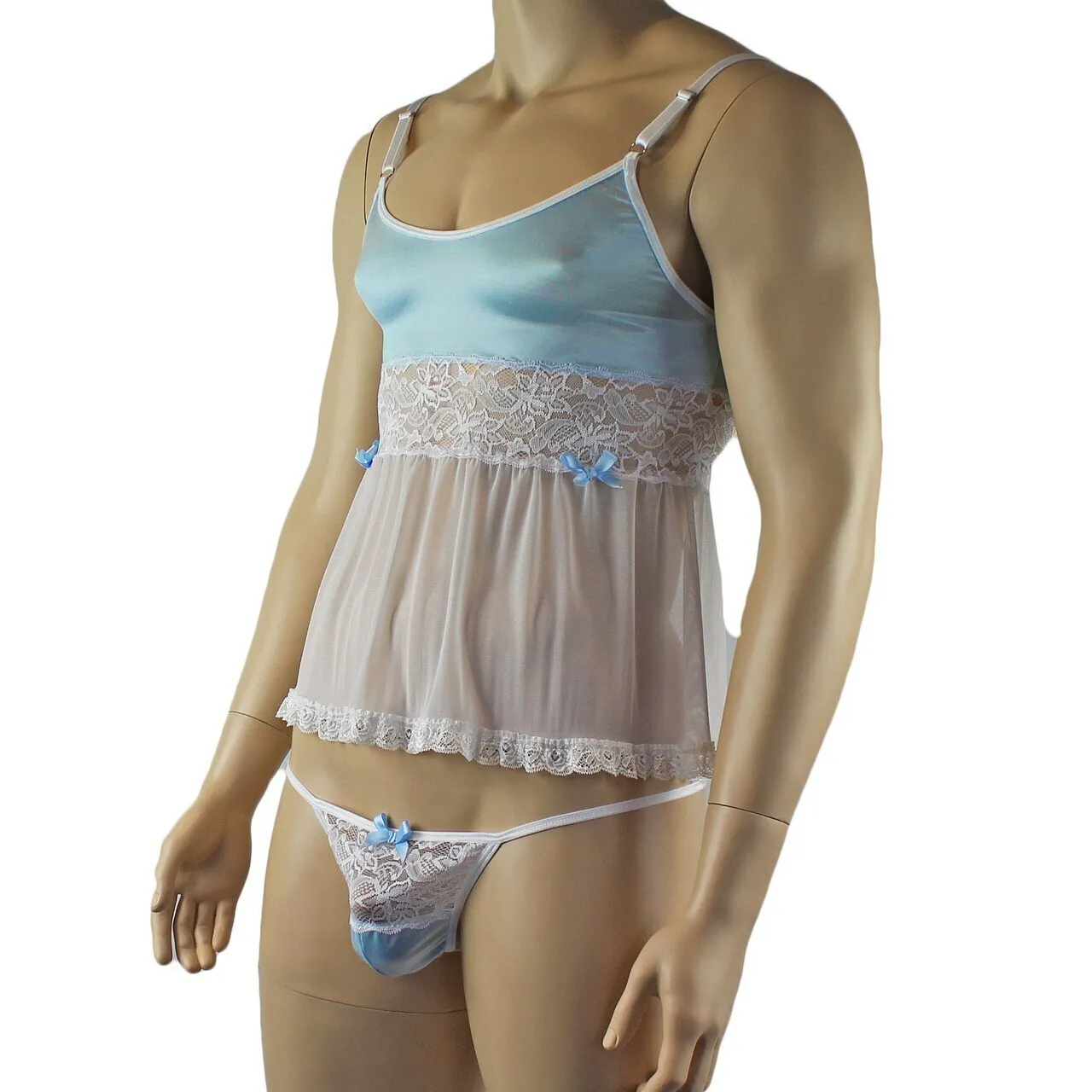 Mens Joanne Mini Babydoll Camisole & G string - Sizes up to 3XL Light Blue and White