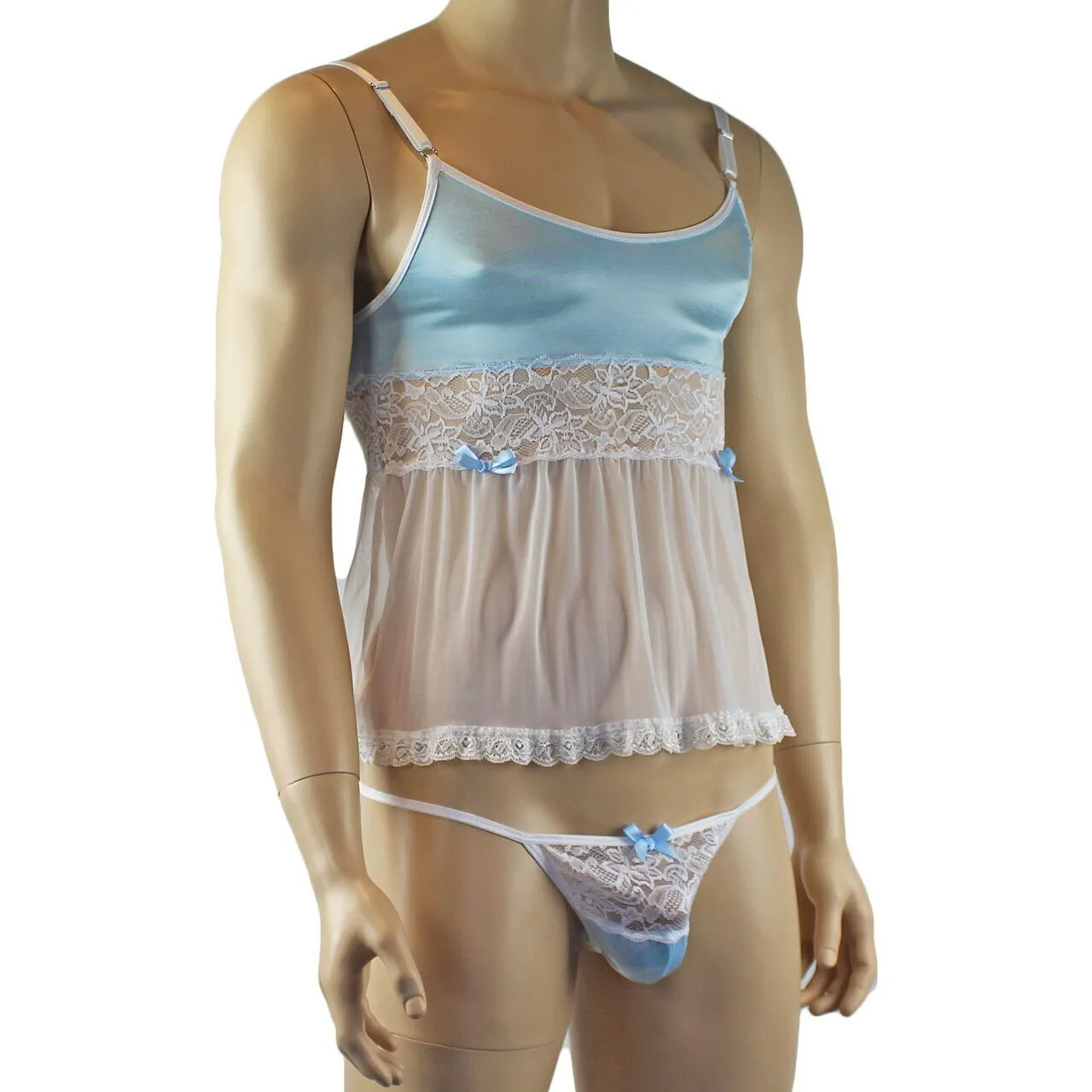 Mens Joanne Mini Babydoll Camisole & G string - Sizes up to 3XL Light Blue and White