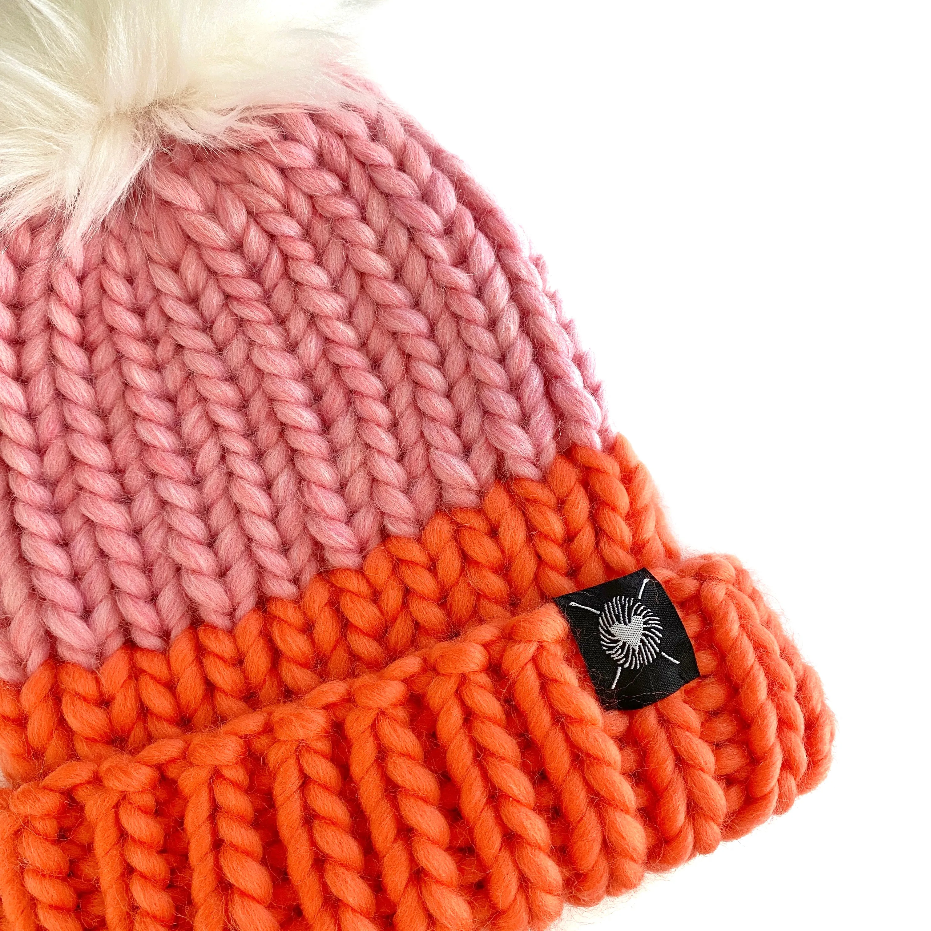 Merino Folded Brim Faux Fur Pom-Pom Beanie in Sweet Treat