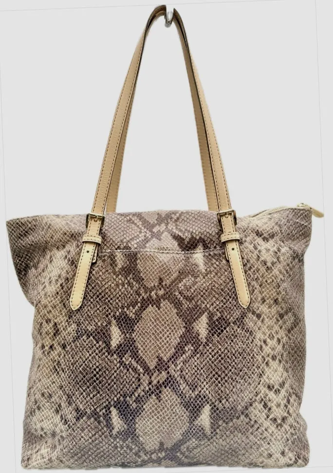 Michael Kors Beige/Black Snakeskin Effect Leather Jet Set Tote (preowned)