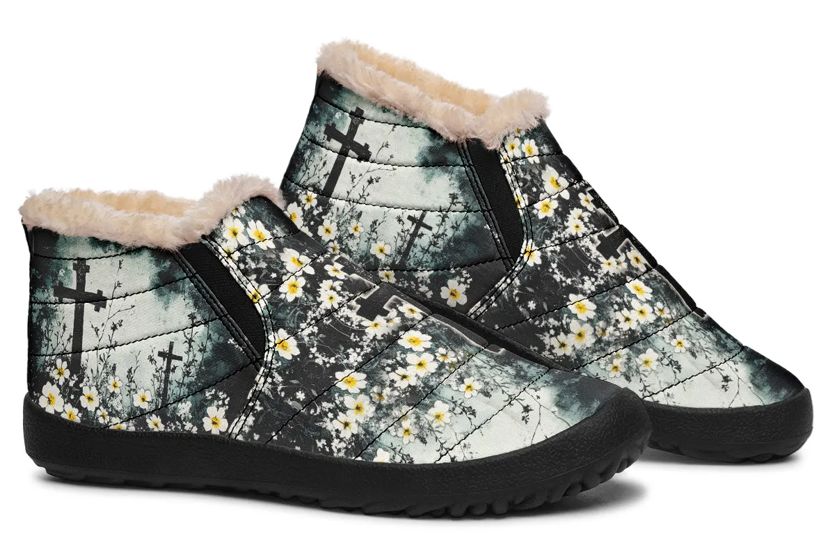 Mourning Petals Winter Sneakers - Warm & Easy Slip-On Shoes Lined with Vegan Wool with Anti-Slip Soles